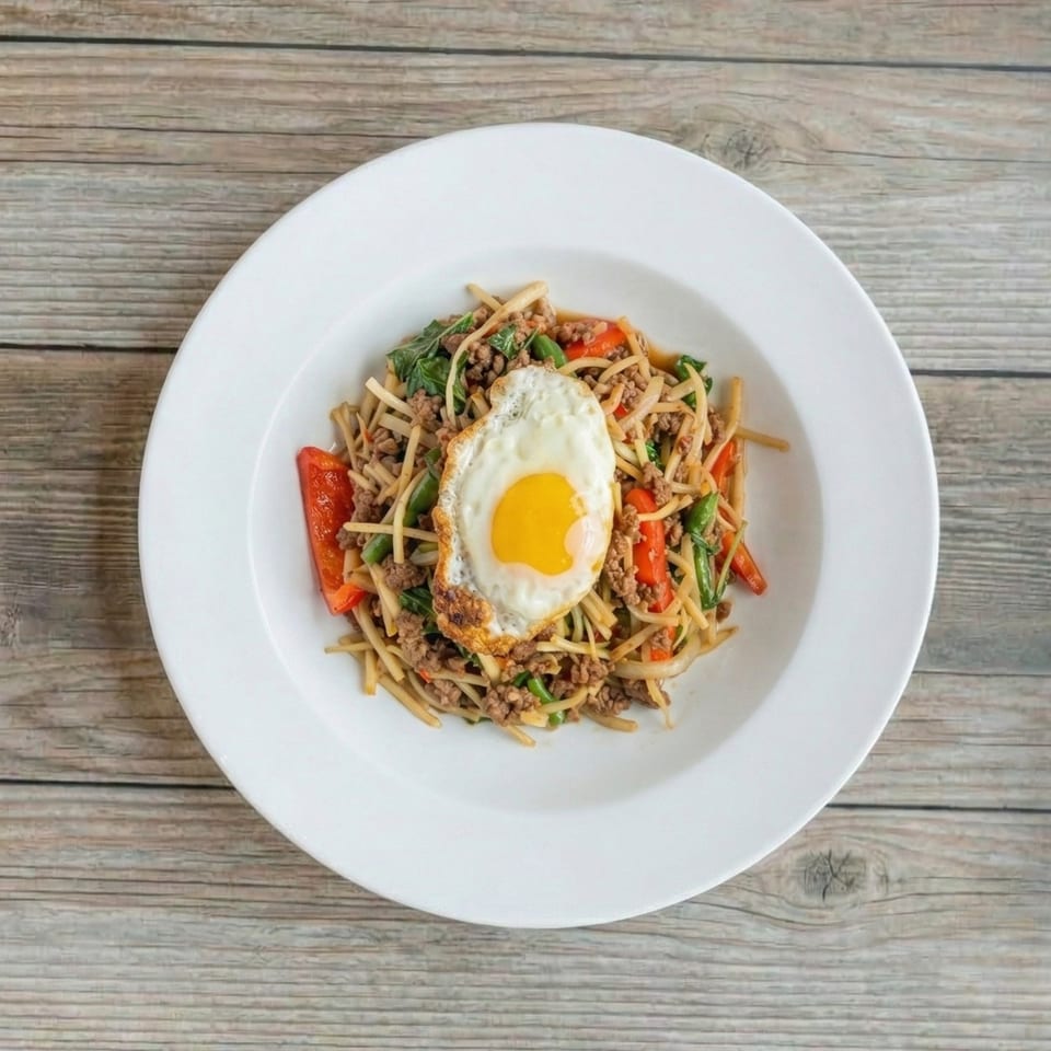 A white plate of Thai basil noodles with ground meat, vegetables, and a fried egg.