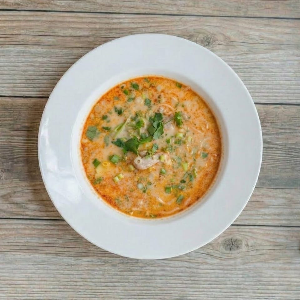 Overhead view of a white bowl filled with a creamy orange soup, garnished with green herbs.