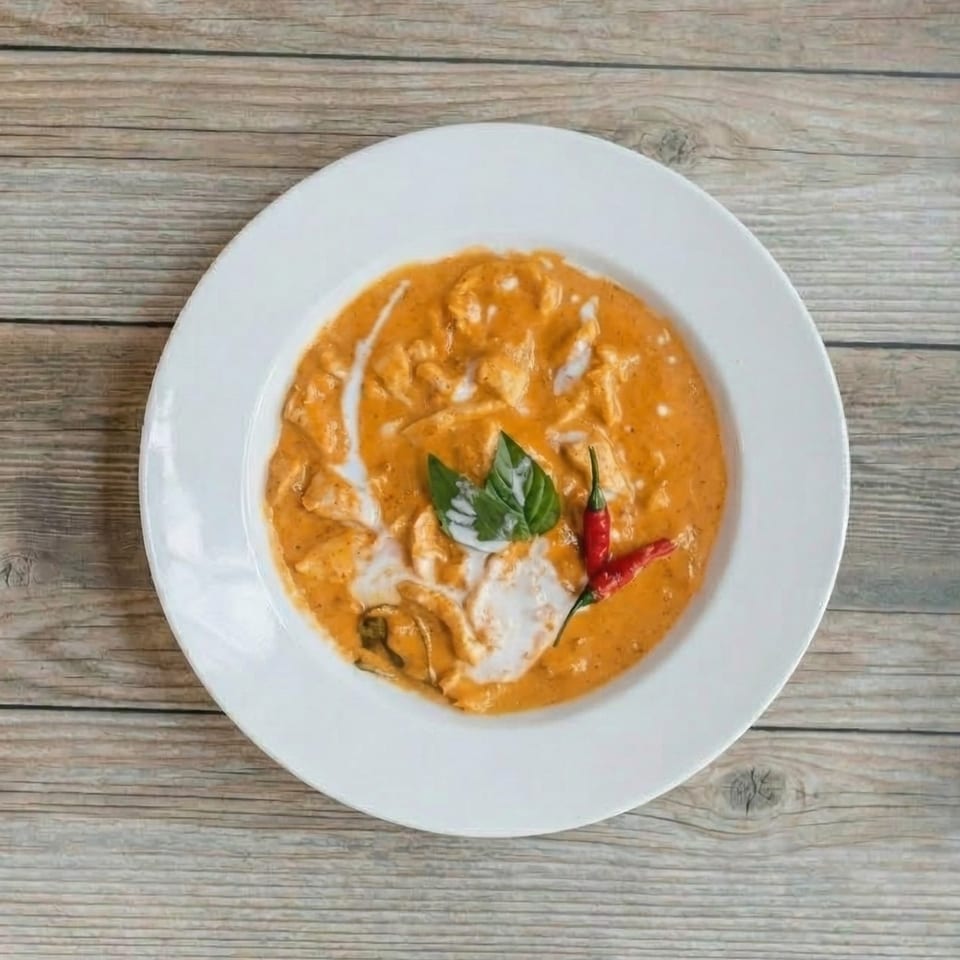 Orange curry with chicken, basil leaves, and red chili peppers in a white bowl.