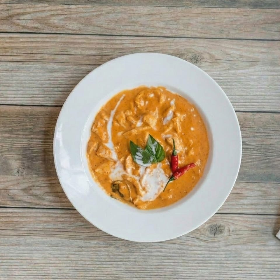 A white bowl of orange curry with chicken, basil, and red chili peppers on a wooden table.