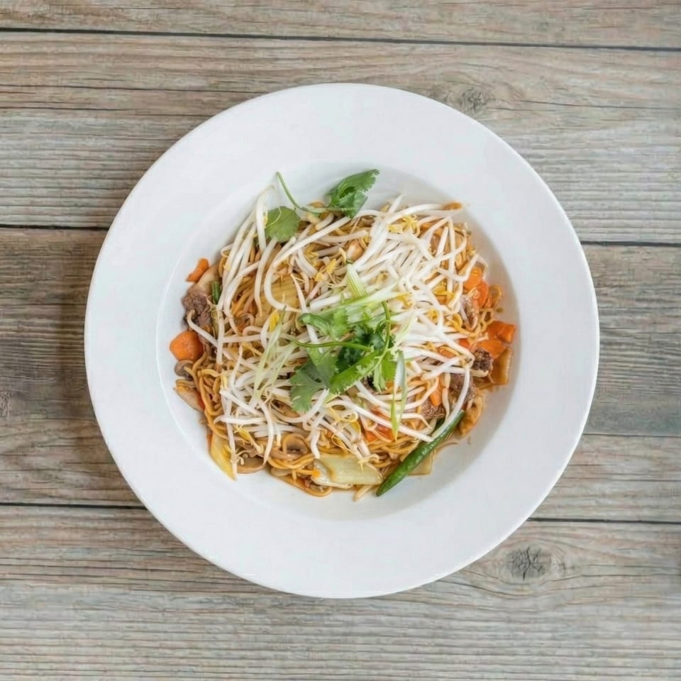 Overhead view of a white plate filled with stir-fried noodles, bean sprouts, vegetables, and cilantro.